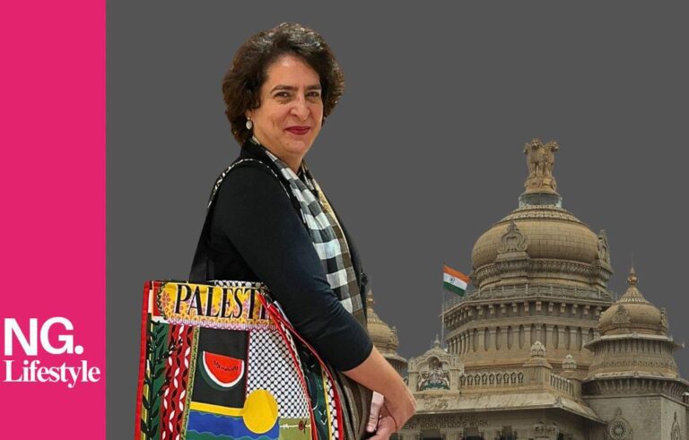 Congress leader Priyanka Gandhi Vadra attends parliament with caring a bag with 'Palestine' written over it